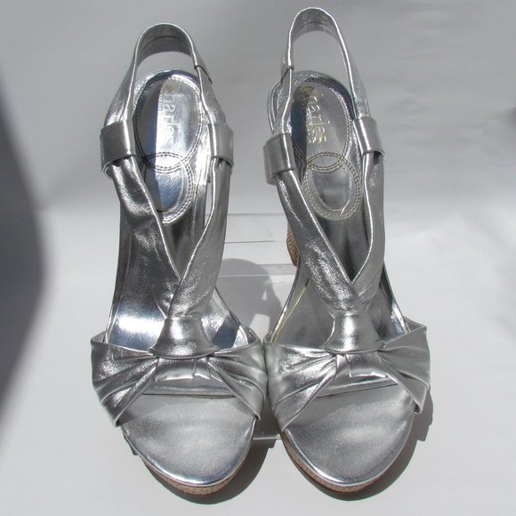 Charles David Notty SILVER SANDALS Platform Rattan Wedge Heel Slingback 9 M - Picture 2 of 8